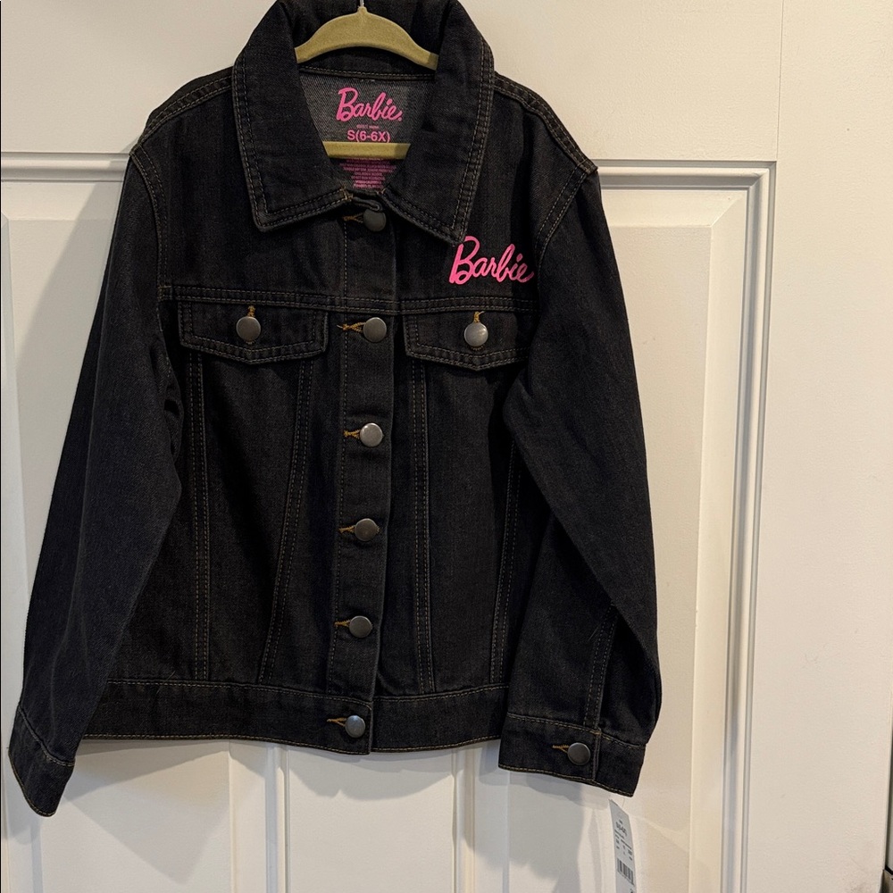 NWT Barbie Black Denim Jacket with Pink Script Logo and back design